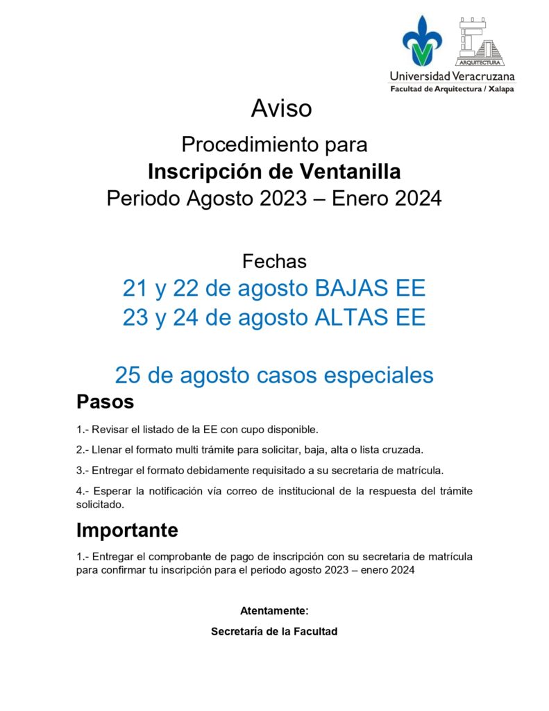 Inscripción de Ventanilla periodo agosto 2023 enero 2024