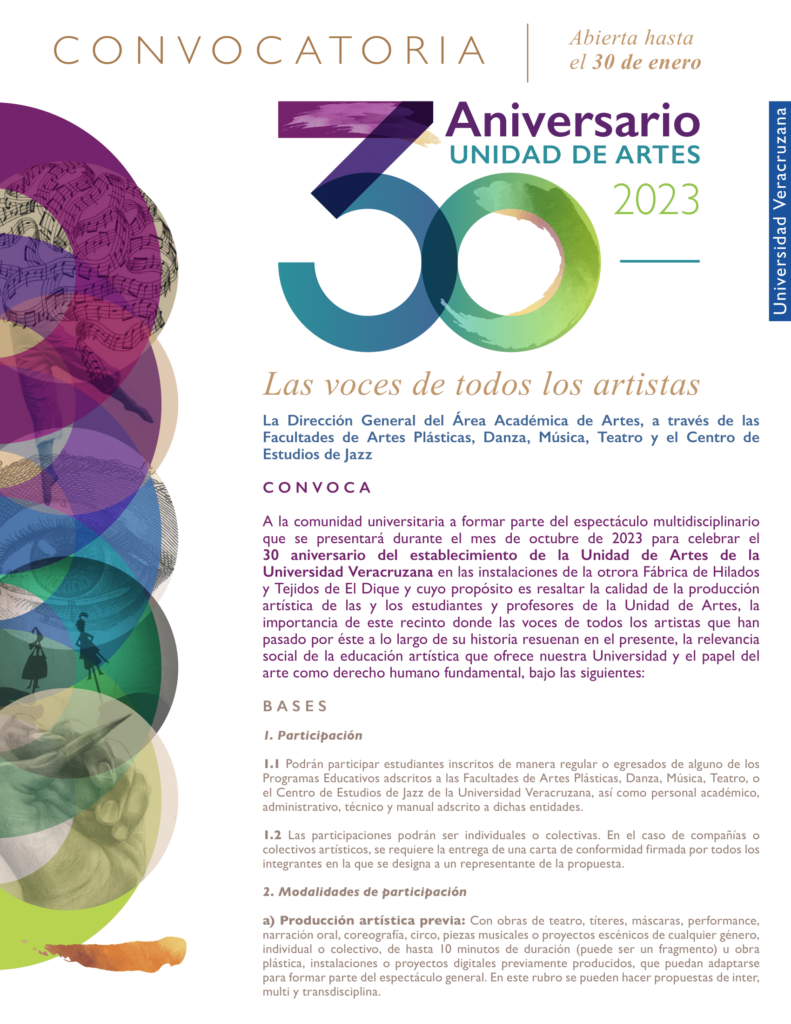 Convocatoria 30 Aniversario Unidad de Artes Dirección General del