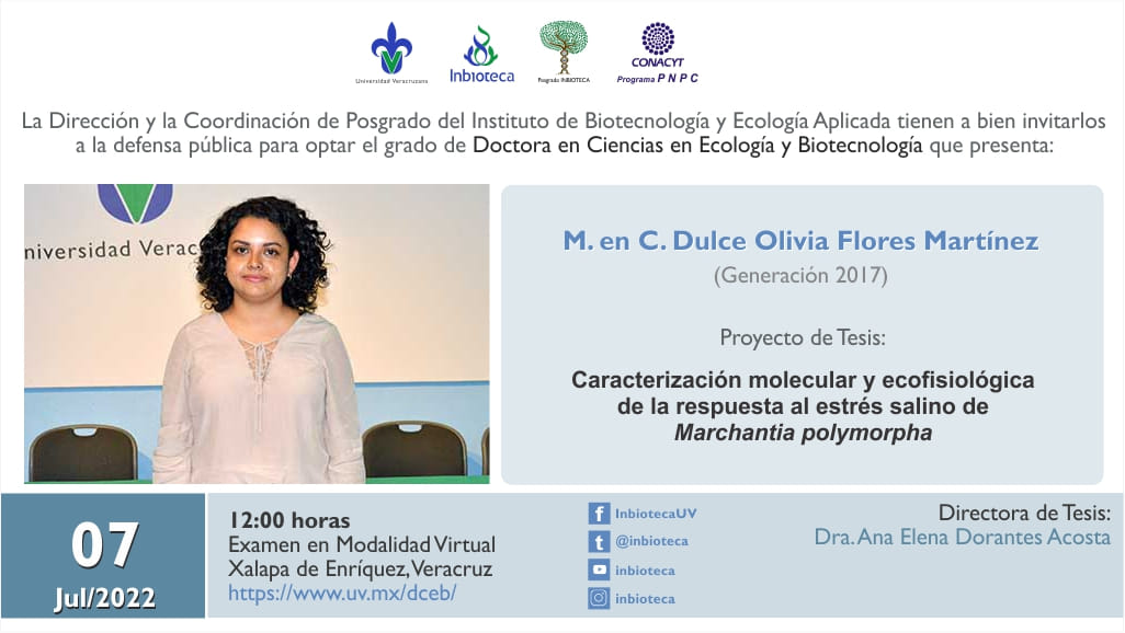 Invitación al Examen de Grado de Dulce Olivia Flores Martínez – Doctorado  en Ciencias en Ecología y Biotecnología