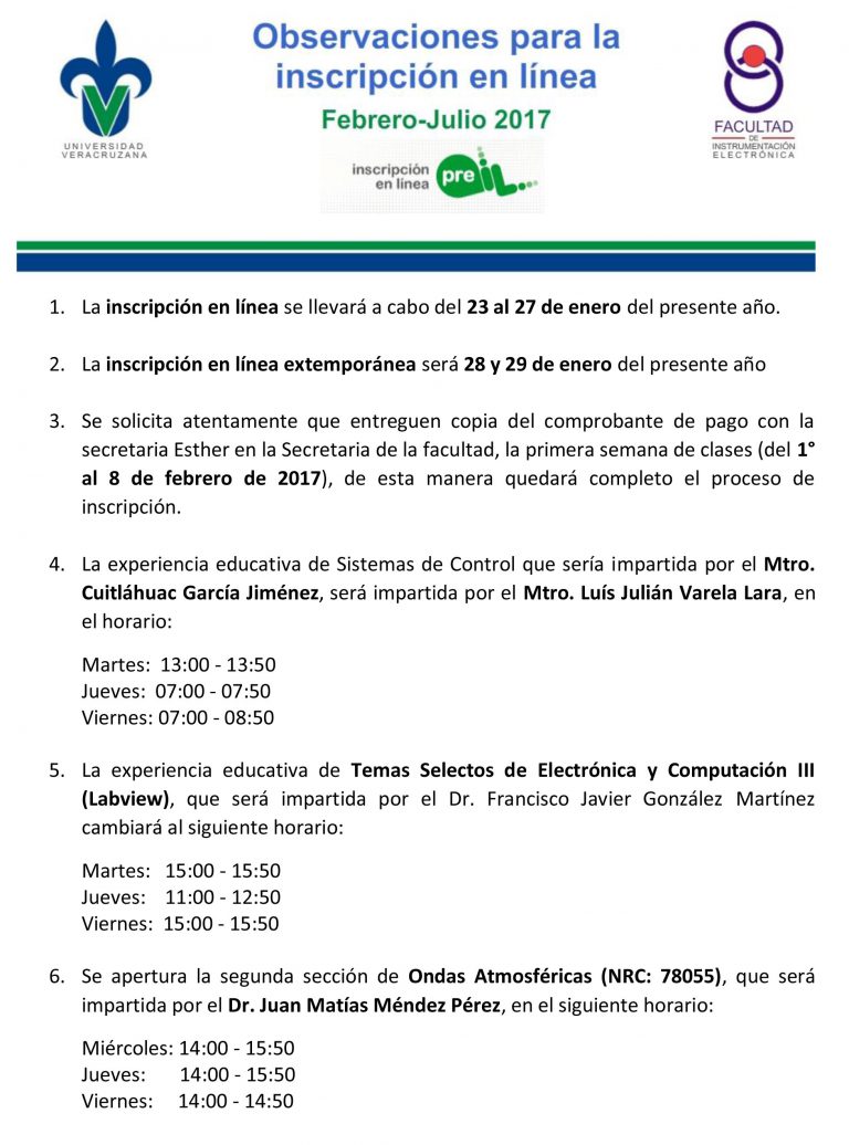 Observaciones para la inscripción en línea FebreroJulio