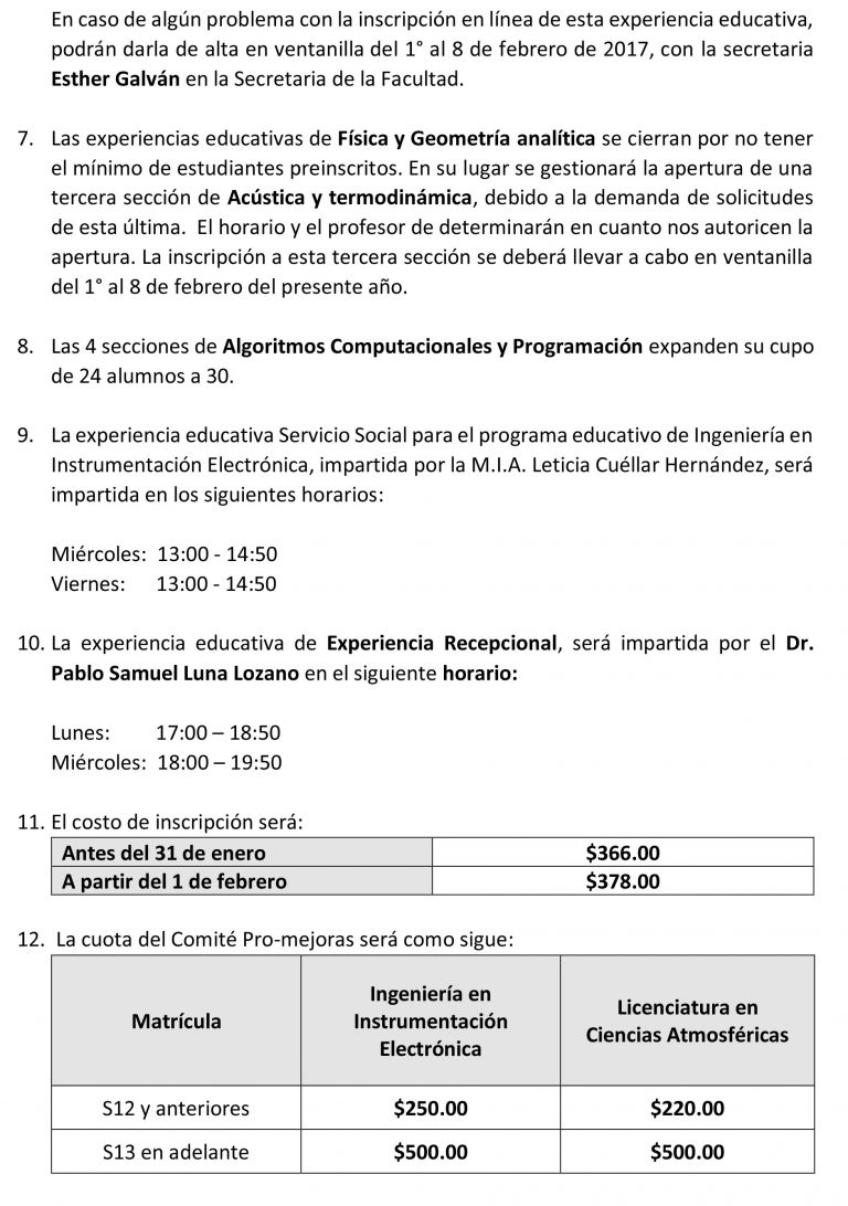 Observaciones para la inscripción en línea FebreroJulio