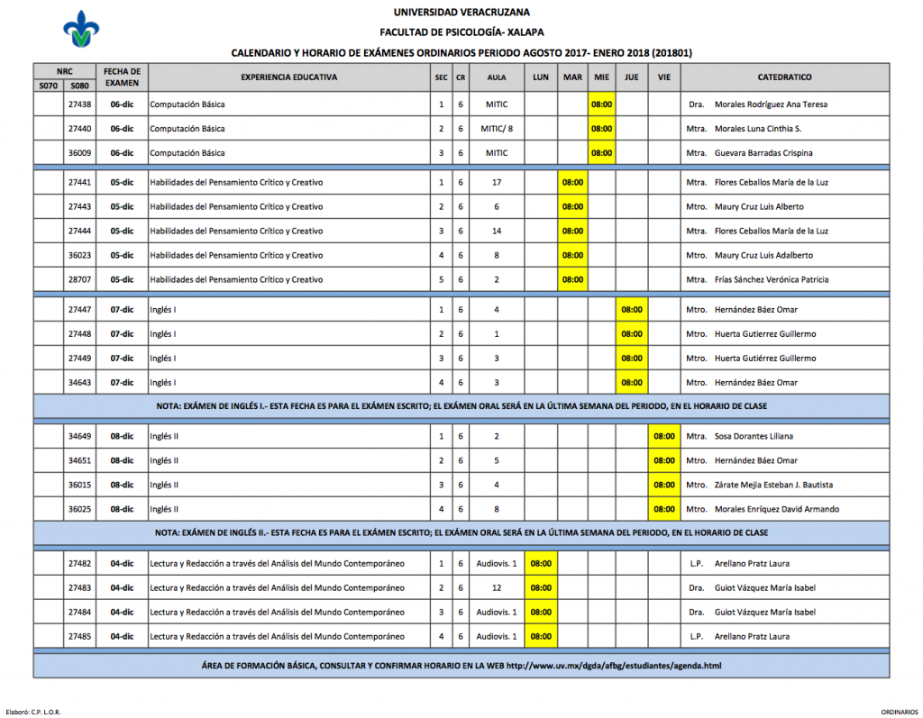 Calendario y horario de exámenes Facultad de Psicología