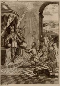 Imagen que muestra a indios de Zempoala con presentes para Carlos V (extraída de Historia de Nueva-España,1770)